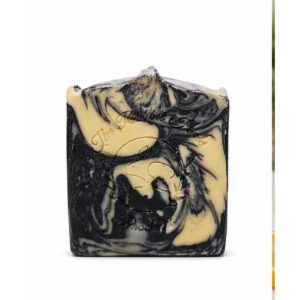 Alpha-gal safe lemongrass charcoal soap bar with dark charcoal and golden swirl by Rabbit Hole Products