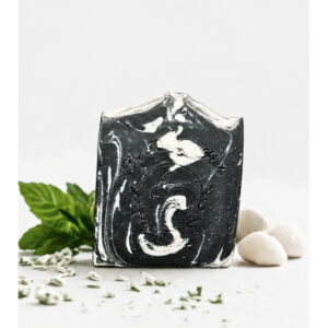 Alpha-gal safe peppermint charcoal soap bar with dark charcoal and white swirl by Rabbit Hole Products