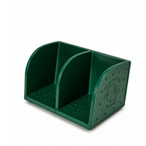Shower soap shelf in forest green holding two handcrafted soap bars by Rabbit Hole Products