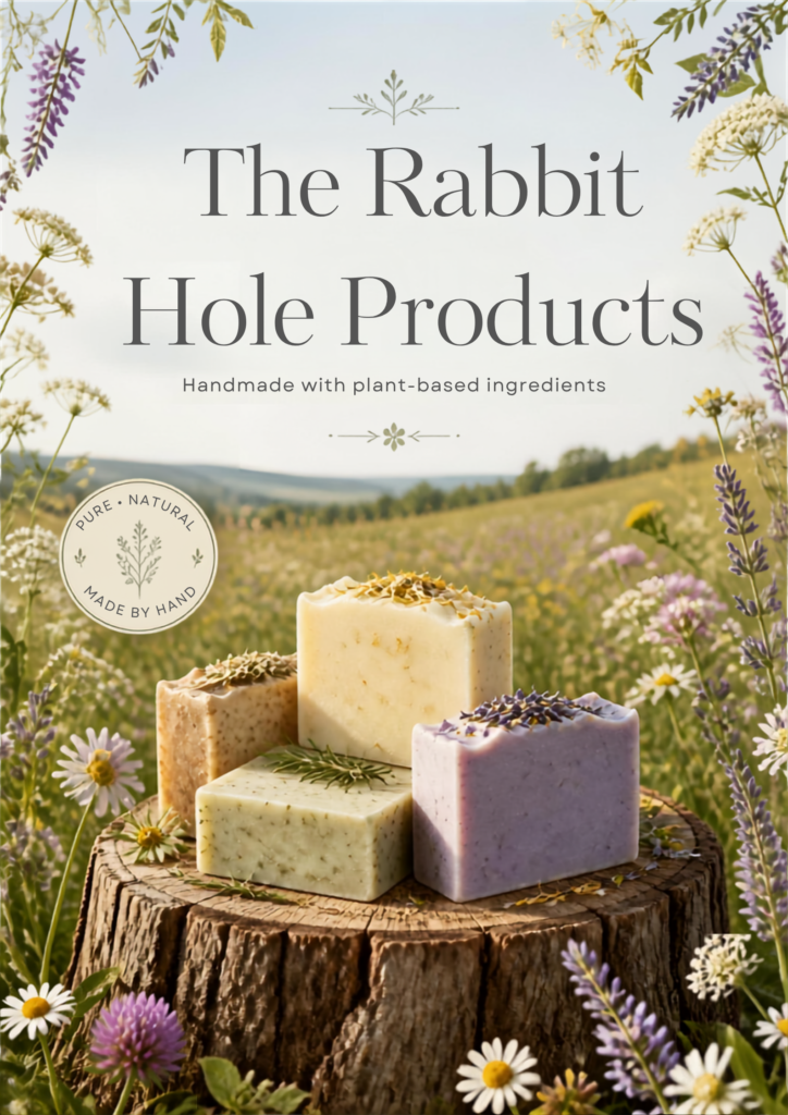 1 Handmade alpha-gal safe soap and body care by The Rabbit Hole Products, shown in a wildflower field